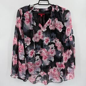 New JENNIFER LOPEZ Womens Chiffon Floral Shirt Size OX Bell Sleeve Semi Sheer